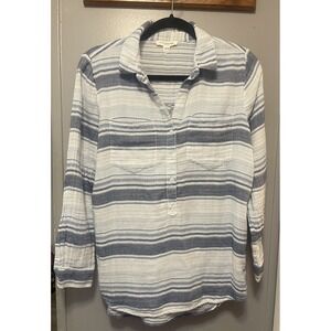 Beach Lunch Lounge Striped Cotton Linen Blend Pullover Women's Small Petite Blue